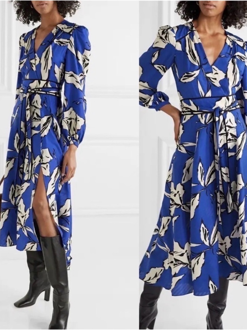 Veronica Beard Royal Blue and White Floral-Print Long Sleeve Midi Dress